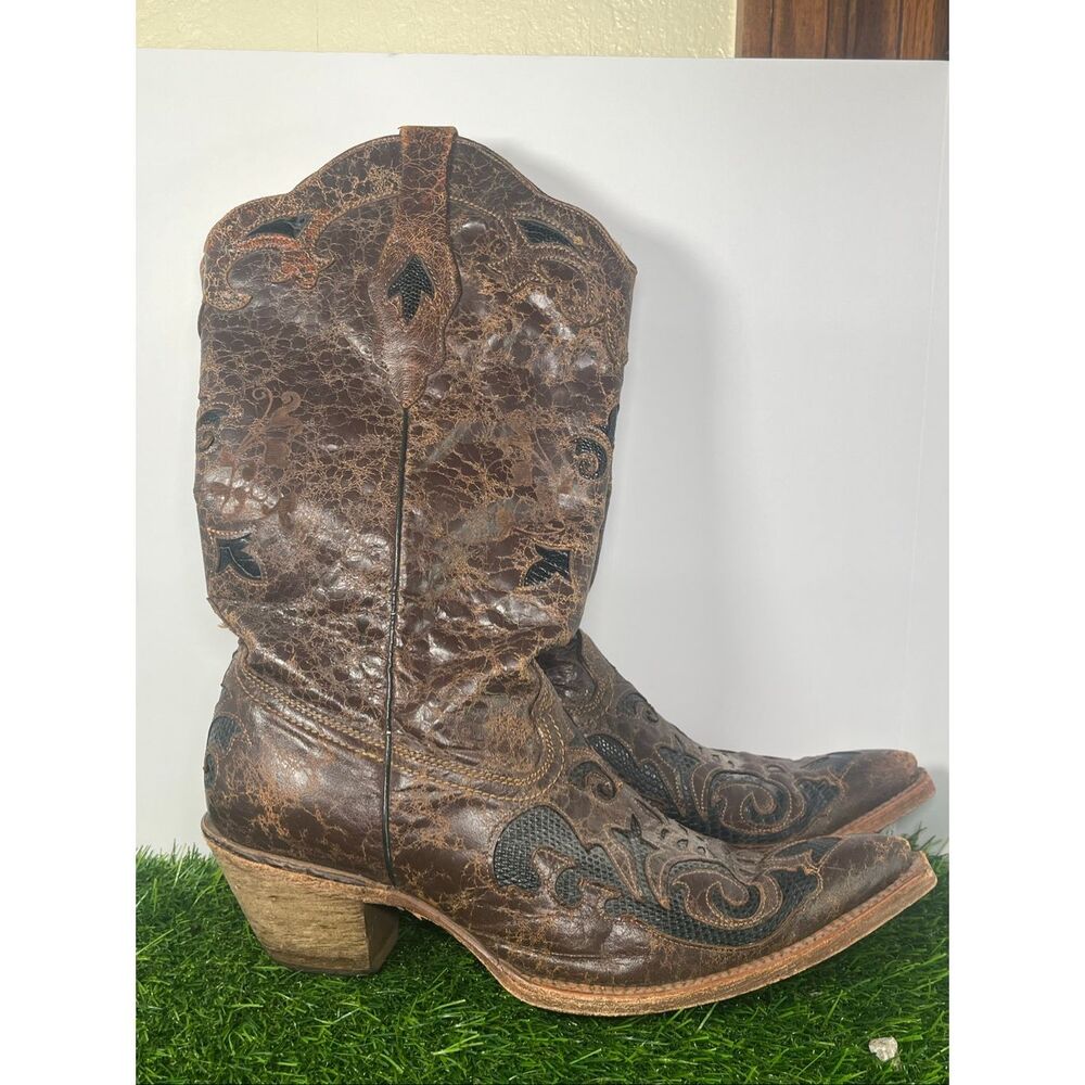 Corral Western Cowboy Boots Women Size 10 Brown Distressed Embroidered Snip Toe - Picture 5 of 9